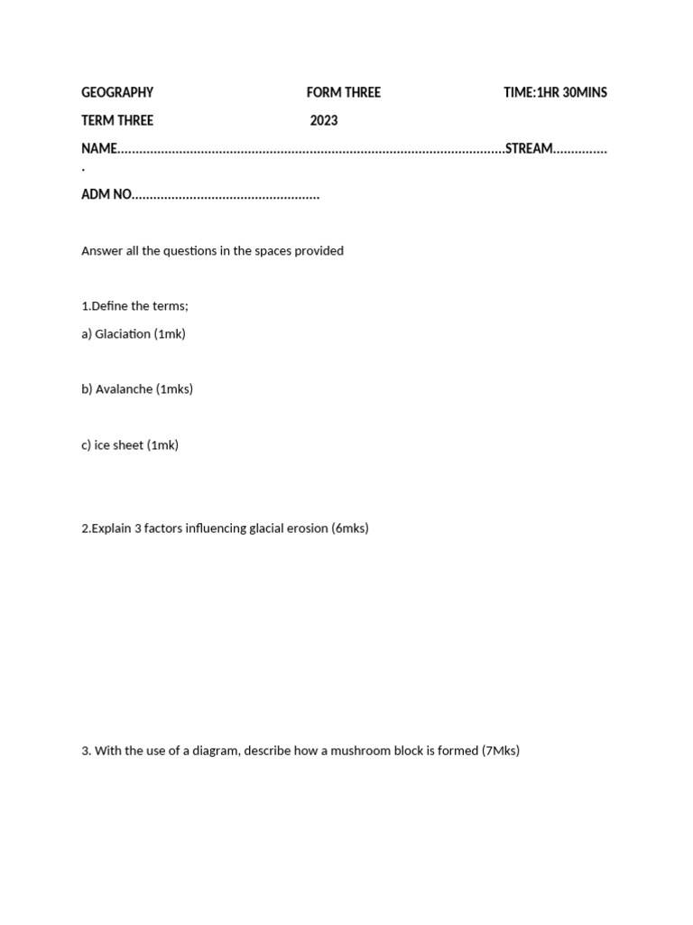 Geography Exam Questions for Form Three | PDF