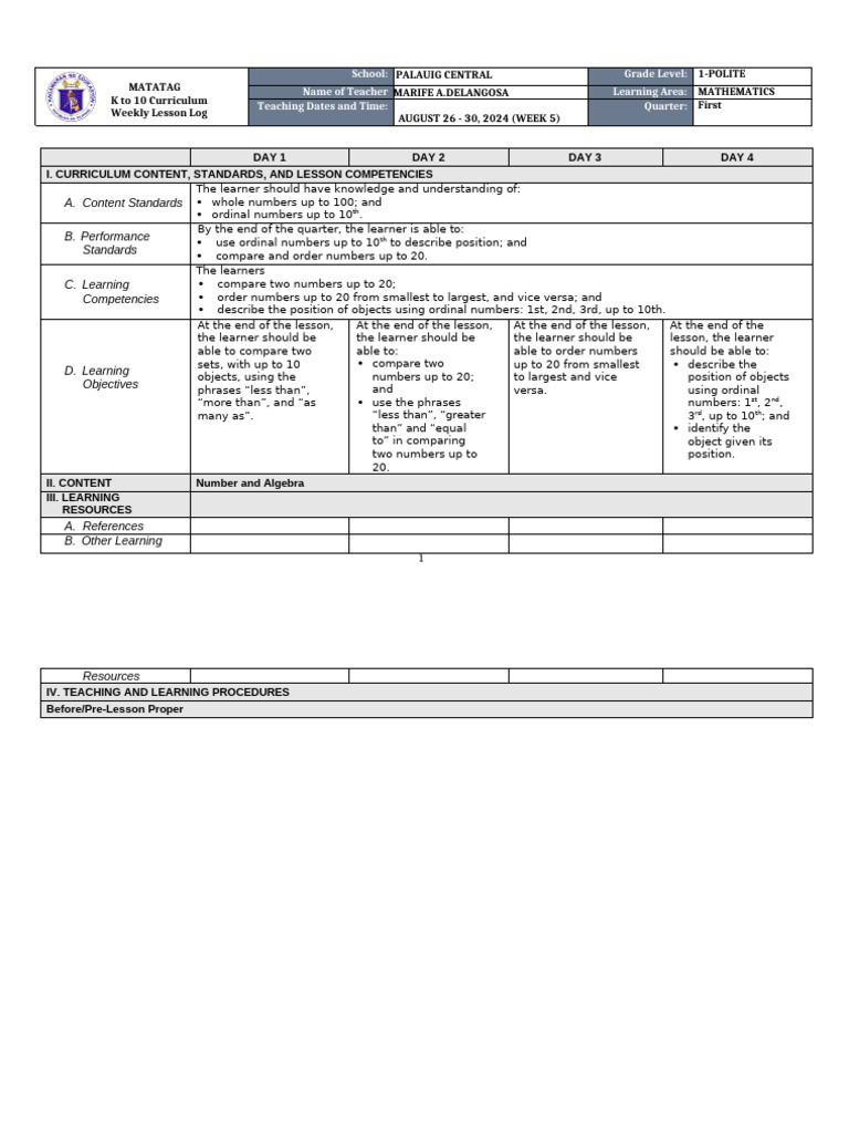 Weekly Math Lesson Plan for Grade 1 | PDF | Learning | Curriculum