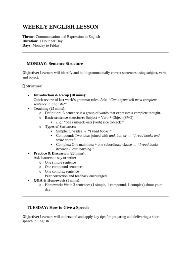 Weekly English Lessons: Communication Skills | PDF | Subject (Grammar ...
