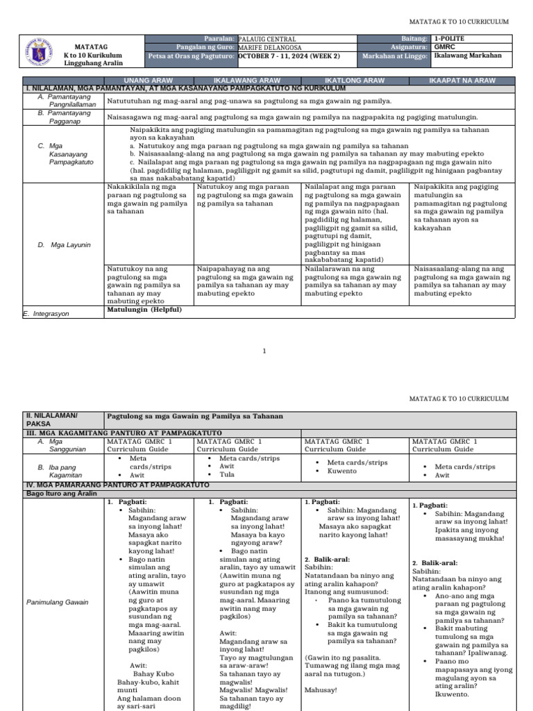 DLL Matatag - GMRC 1 - Q2 - W2 | PDF
