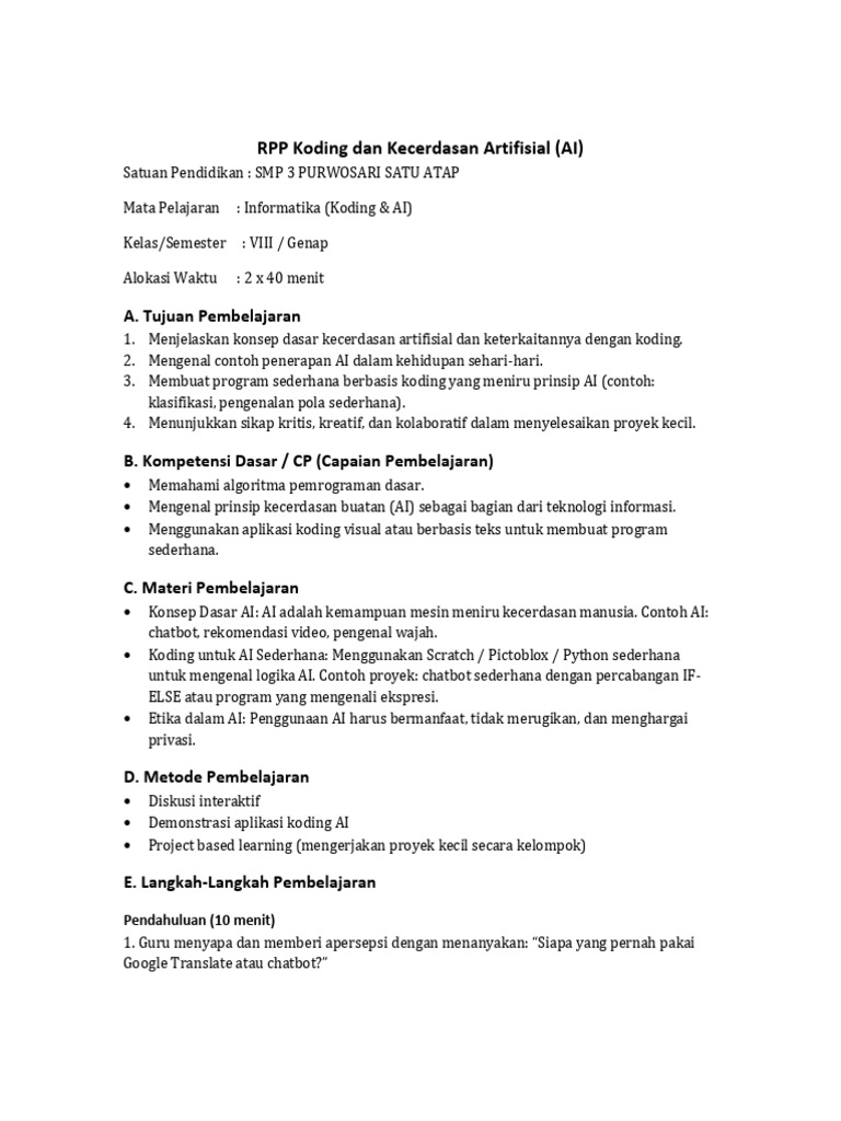 RPP Koding dan AI untuk SMP Kelas VIII | PDF