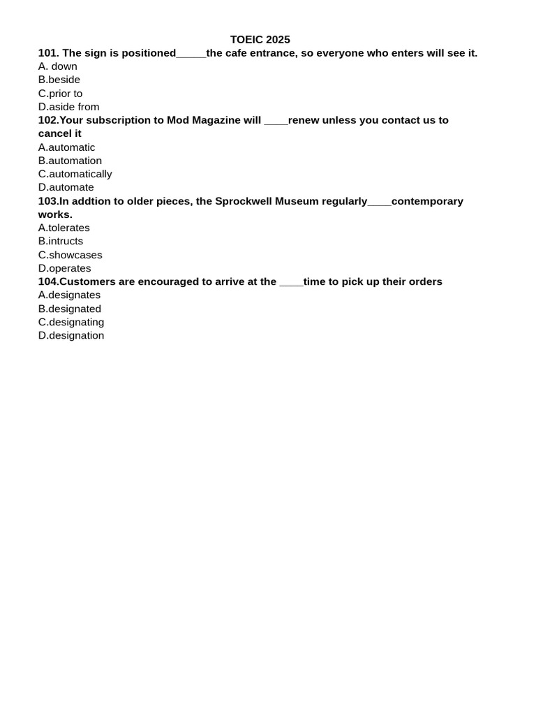 TOEIC 2025 Practice Test with Answers | PDF