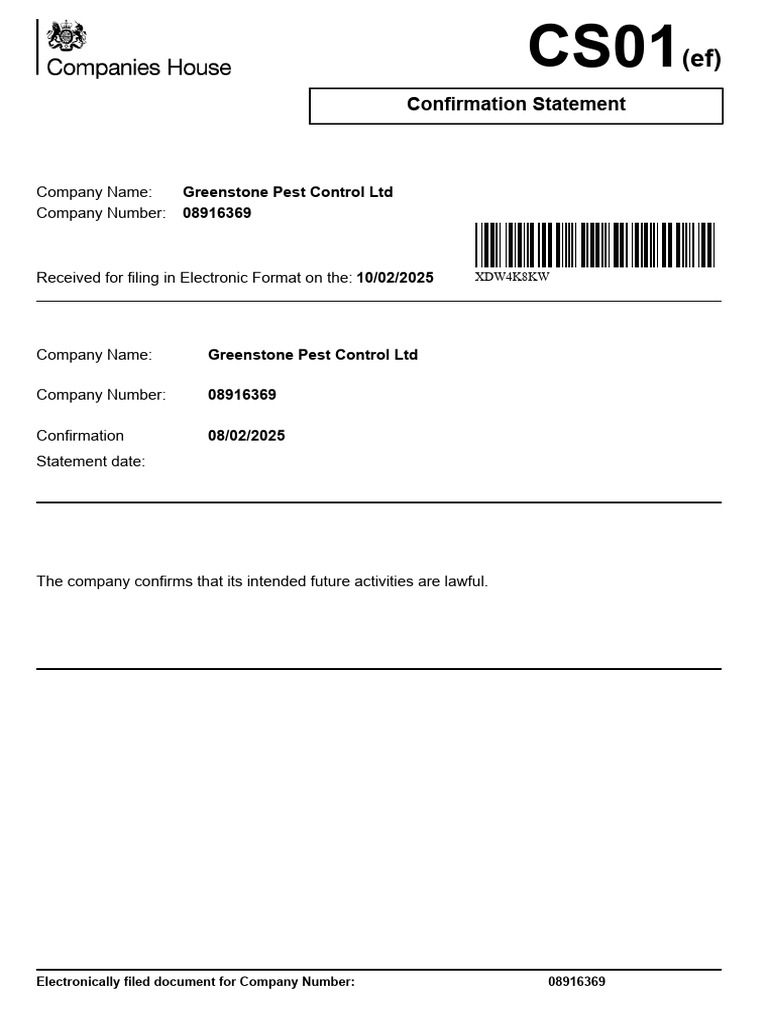 Greenstone Pest Control Confirmation Statement | PDF