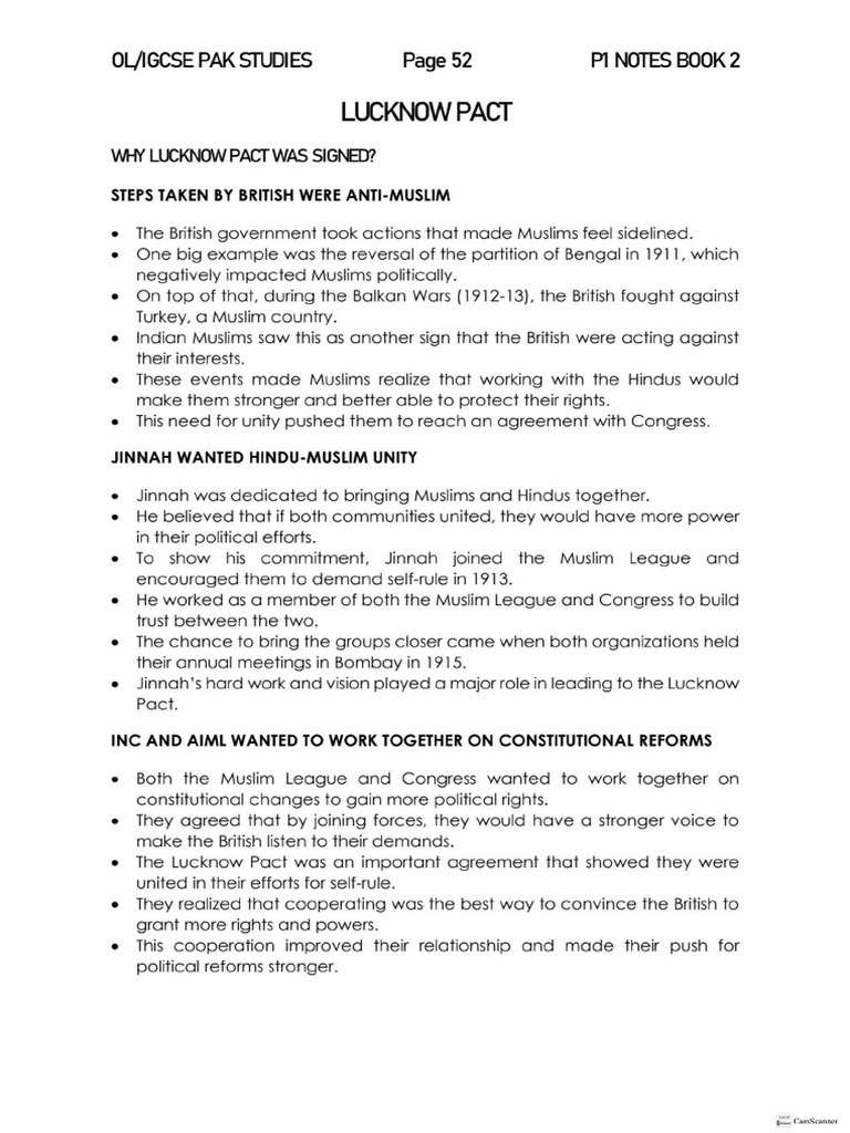 Lucknow Pact Notes