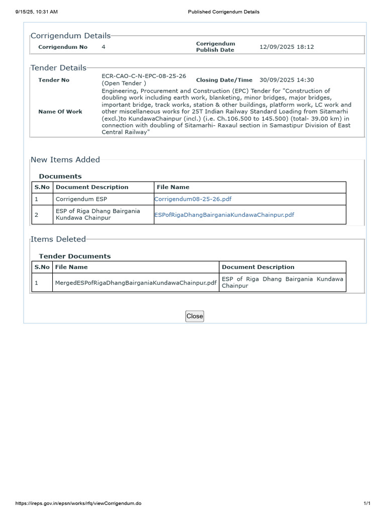 EPC Tender Corrigendum for Railway Works | PDF