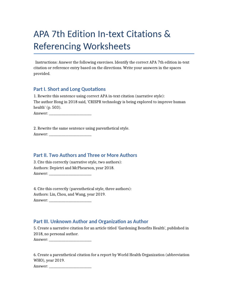 APA 7th Edition Citation Worksheets | PDF | Citation