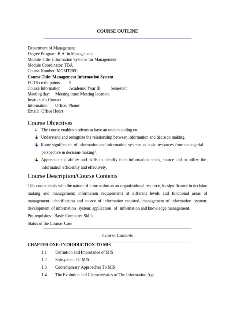 Management Information Systems Course Outline | PDF | System | Information