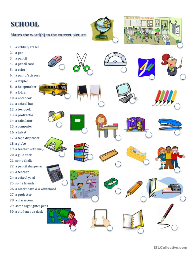 School Objects Matching Worksheet | PDF