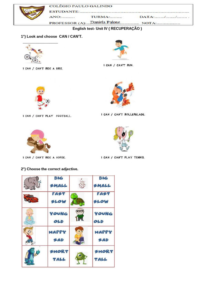 English Test 4° Ano UNIT IV REC | PDF
