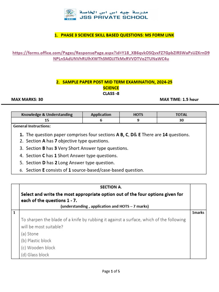 Class 8 Science Sample Paper 2024-25 | PDF | Friction | Chemical Substances