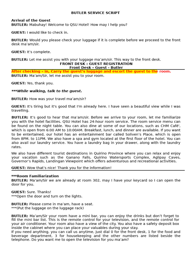 Butler Service Script for Housekeeping | PDF | Housekeeping | Cleaning