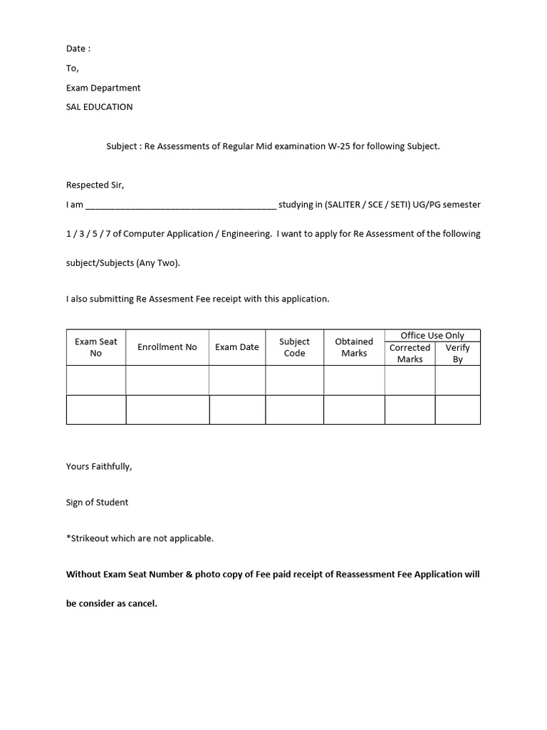 Reassessment Application for Mid Exams | PDF