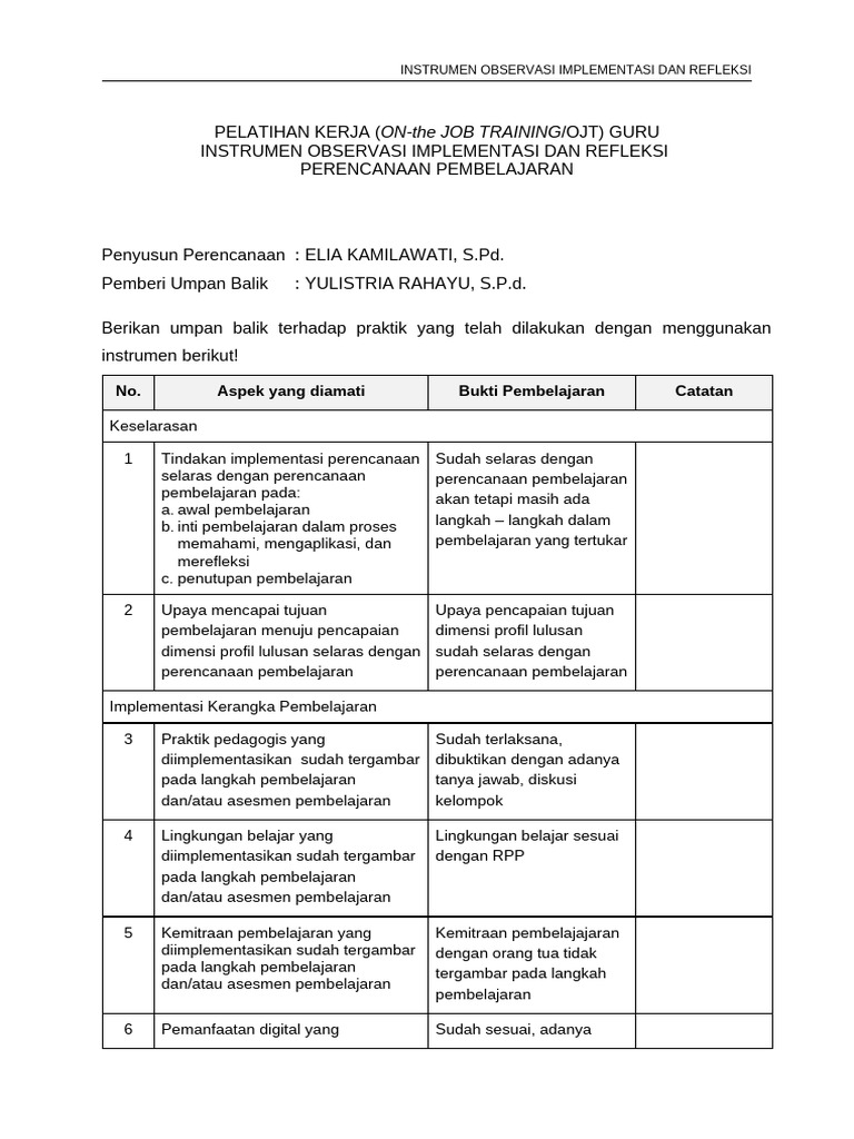 Instrumen Observasi OJT Guru | PDF