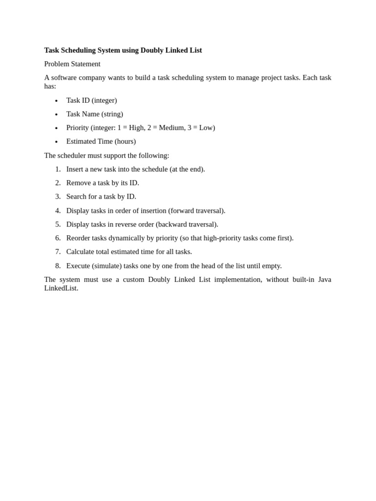 Task Scheduling System Using Doubly Linked List - Q | PDF