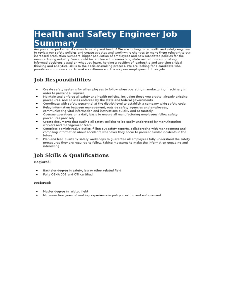 Health and Safety Engineer Job Overview | PDF