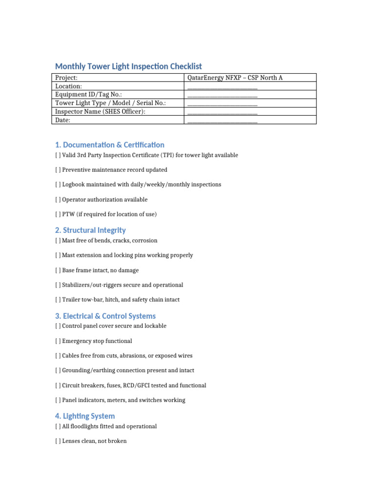 Monthly Tower Light Inspection Checklist | PDF | Manufactured Goods