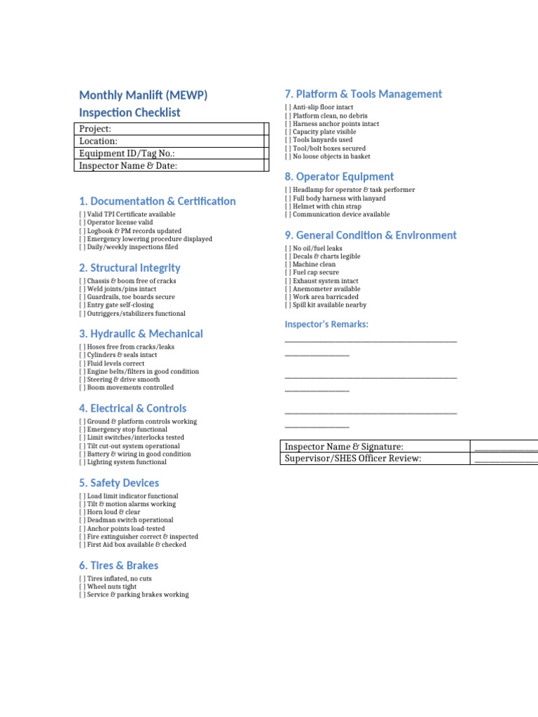 Monthly MEWP Inspection Checklist | PDF | Manufactured Goods | Vehicle ...