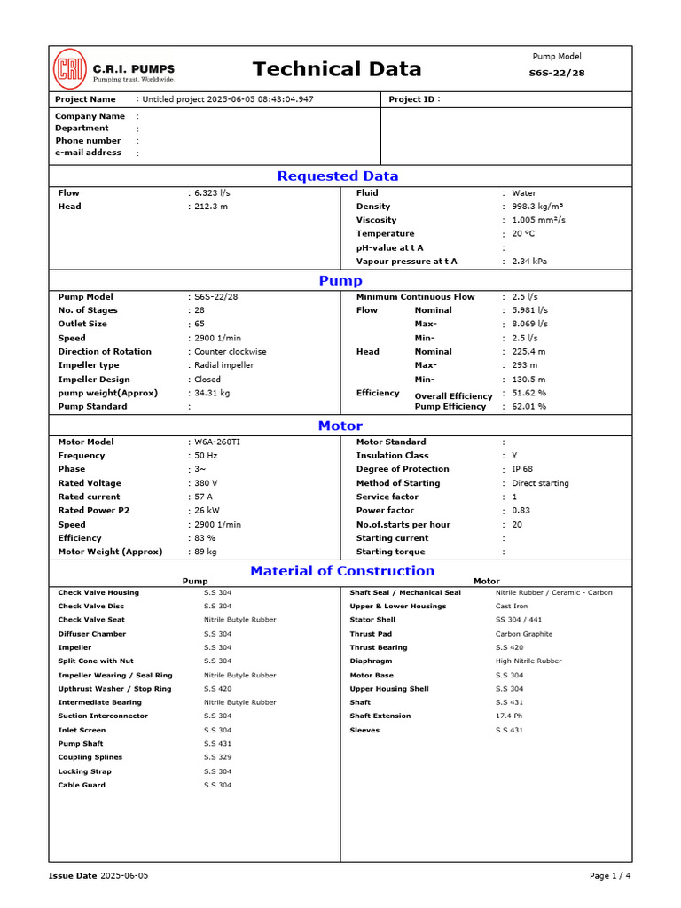 Data Sheet S6S-22 28, 26kW, 2 1 2 BSP Sub Pump 6 50Hz (19mm) | PDF ...
