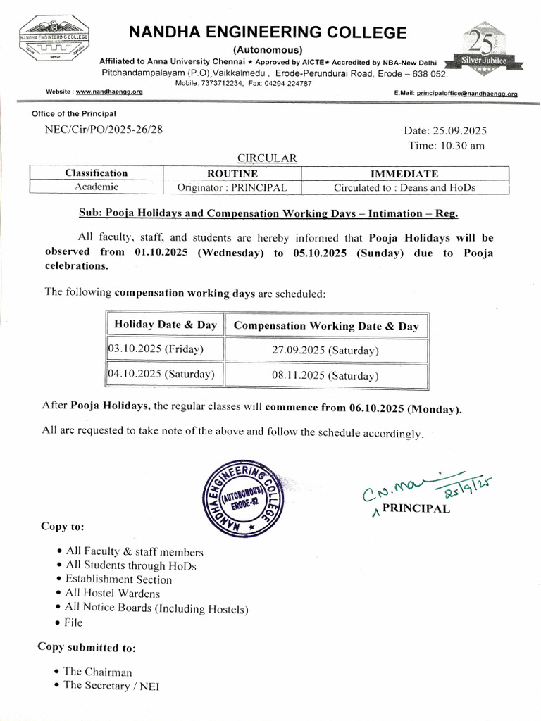 PO Circular No.28 - Pooja Holidays and Compensation Working Days ...