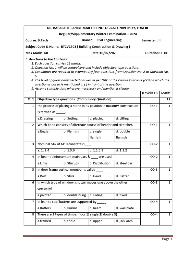 Winter 2024 Building Construction Exam | PDF | Building Technology ...