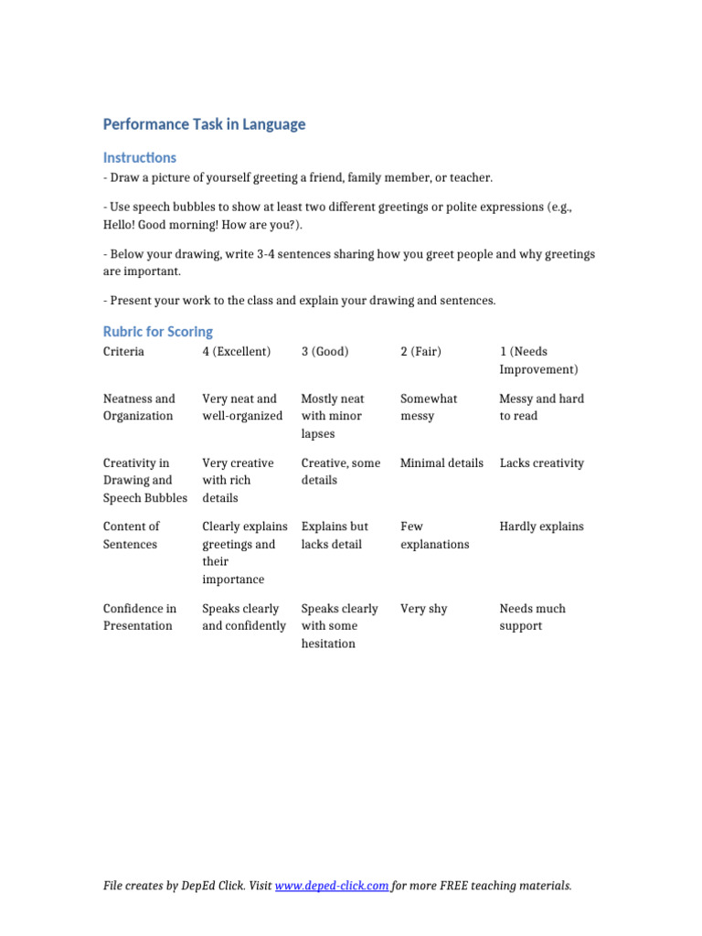Language Performance Task: Greetings Art | PDF