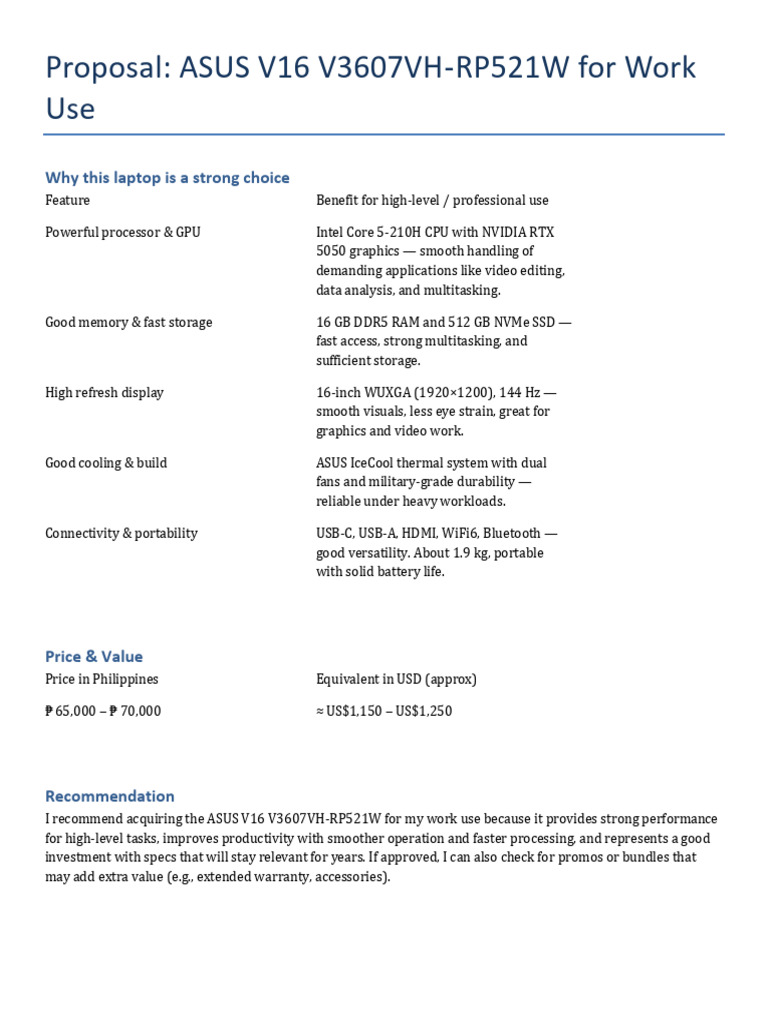 ASUS V16 V3607VH for Professional Use | PDF