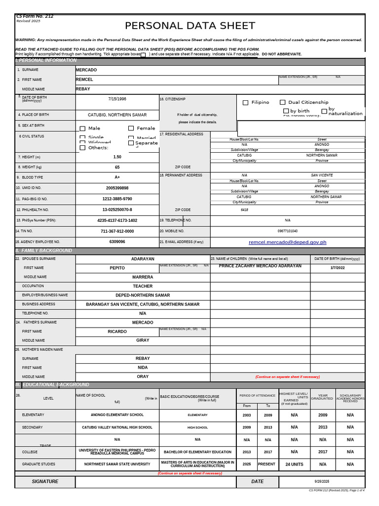 ANNEX H 1 CS Form No. 212 Revised 2025 Personal Data Sheet | PDF