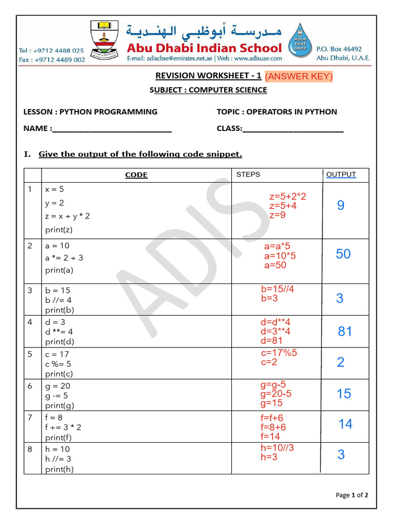 Python Operators Output Worksheet | PDF