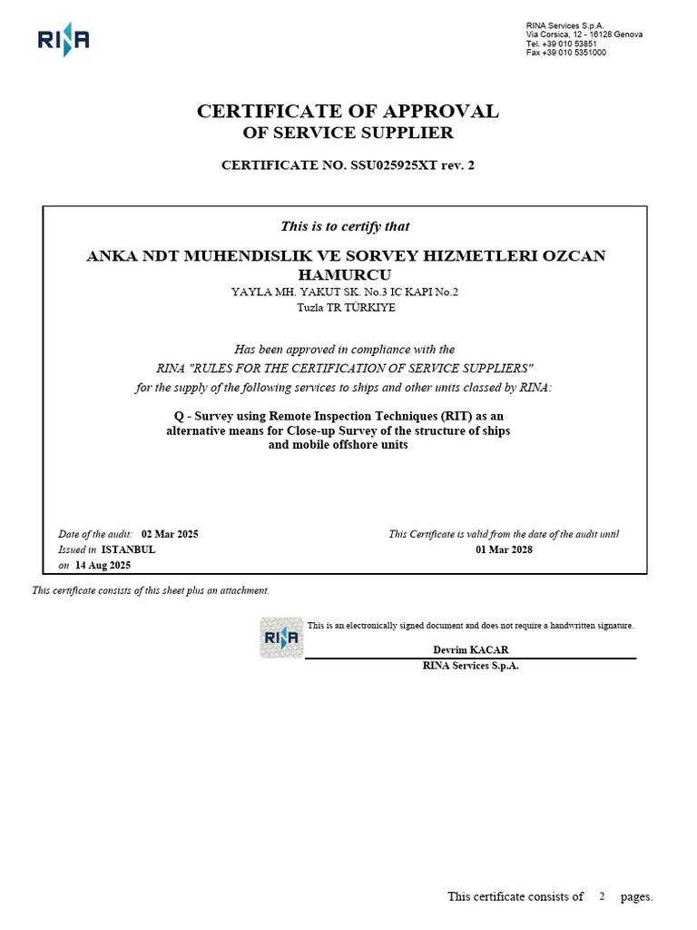 RINA Approval Certificate for ANKA NDT | PDF | Unmanned Aerial Vehicle ...