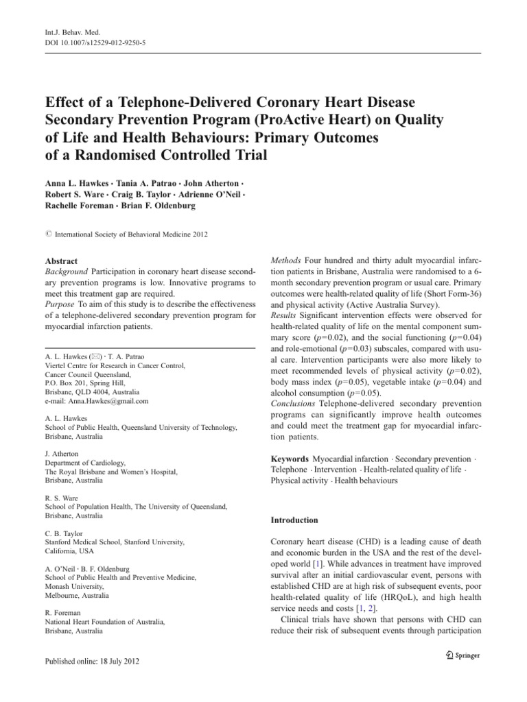 Telephone Program for Heart Disease Recovery | PDF | Coronary Artery ...