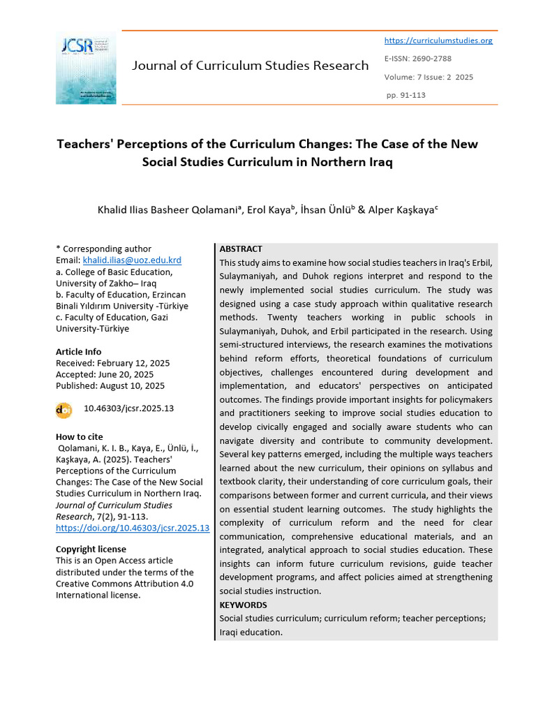 Teachers' Views on Iraq's New Social Studies Curriculum | PDF ...