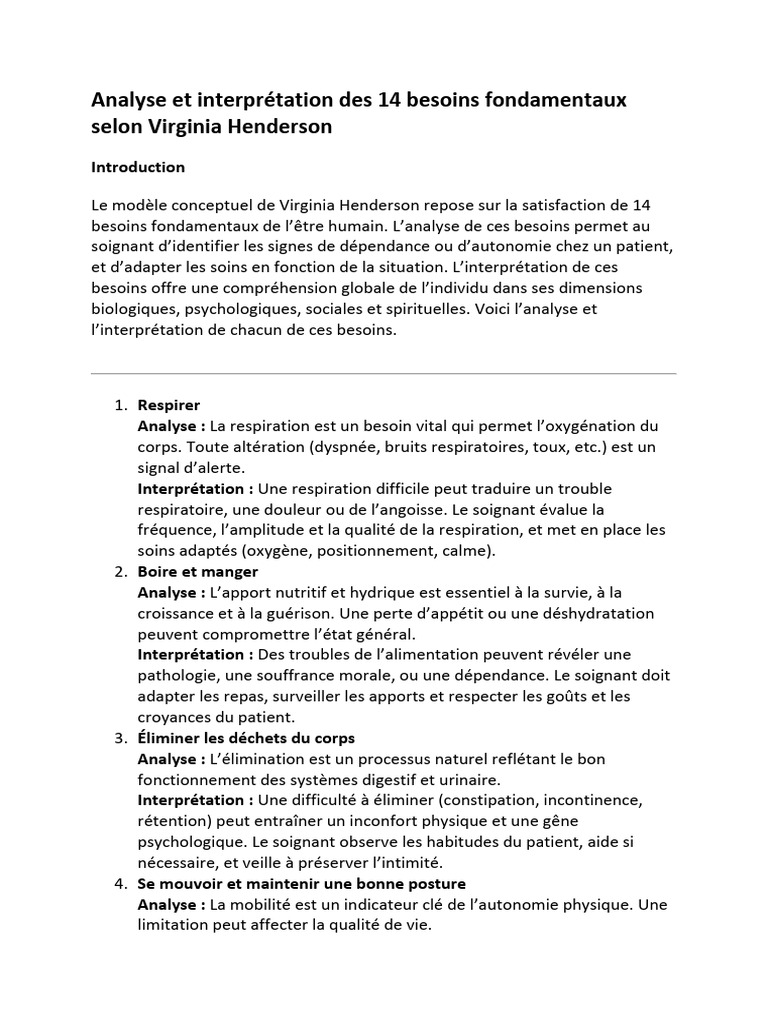Analyse des 14 besoins de Henderson | PDF | Dépression (psychiatrie ...
