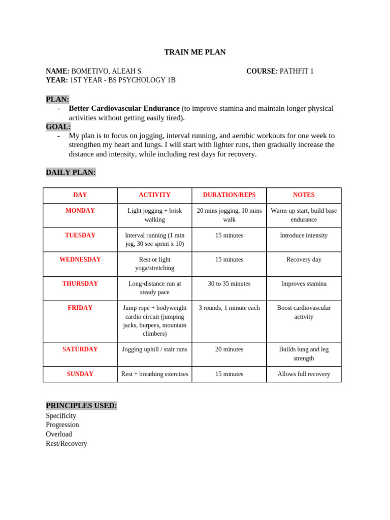 Cardiovascular Endurance Training Plan | PDF | Aerobic Exercise ...