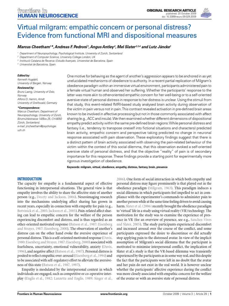 Virtual Reality and Empathy Study | PDF | Empathy | Insular Cortex