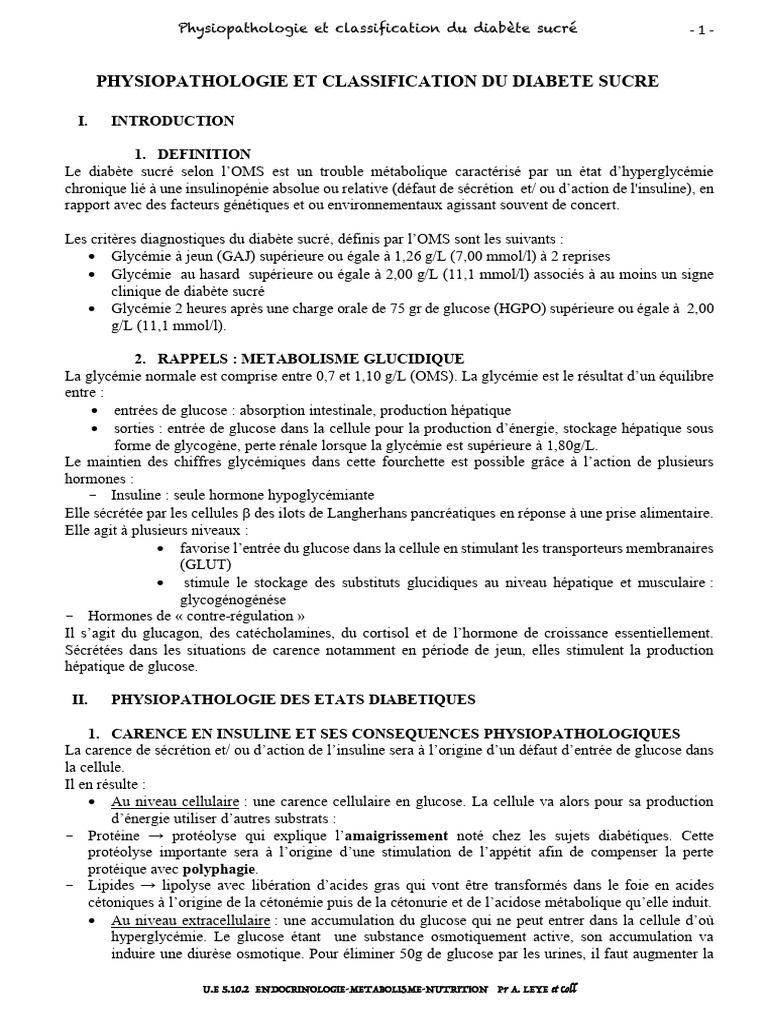 Physiopathologie et classification du diabète | PDF | Insuline | Diabète