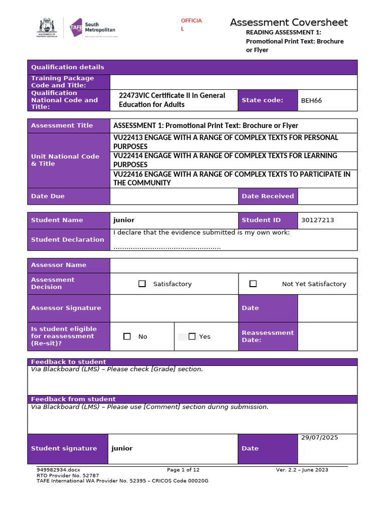 NEW v2.2 Reading Assessment 1 Promotional Print Text | PDF | Human ...