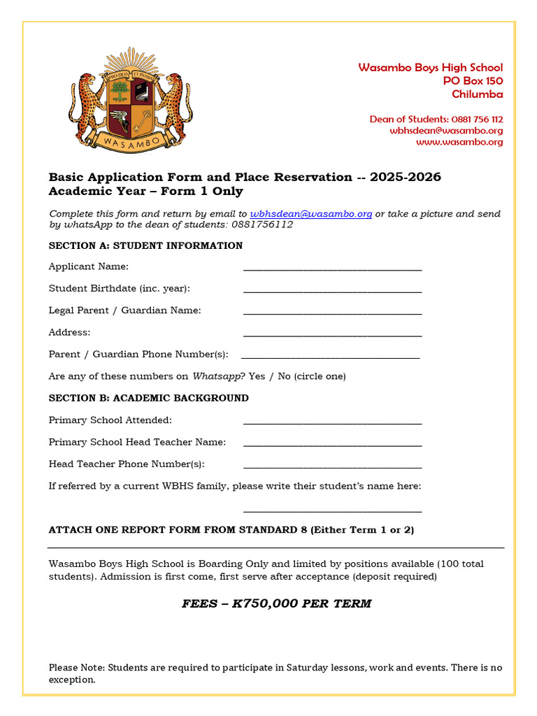 Wasambo Boys High School Application Form | PDF