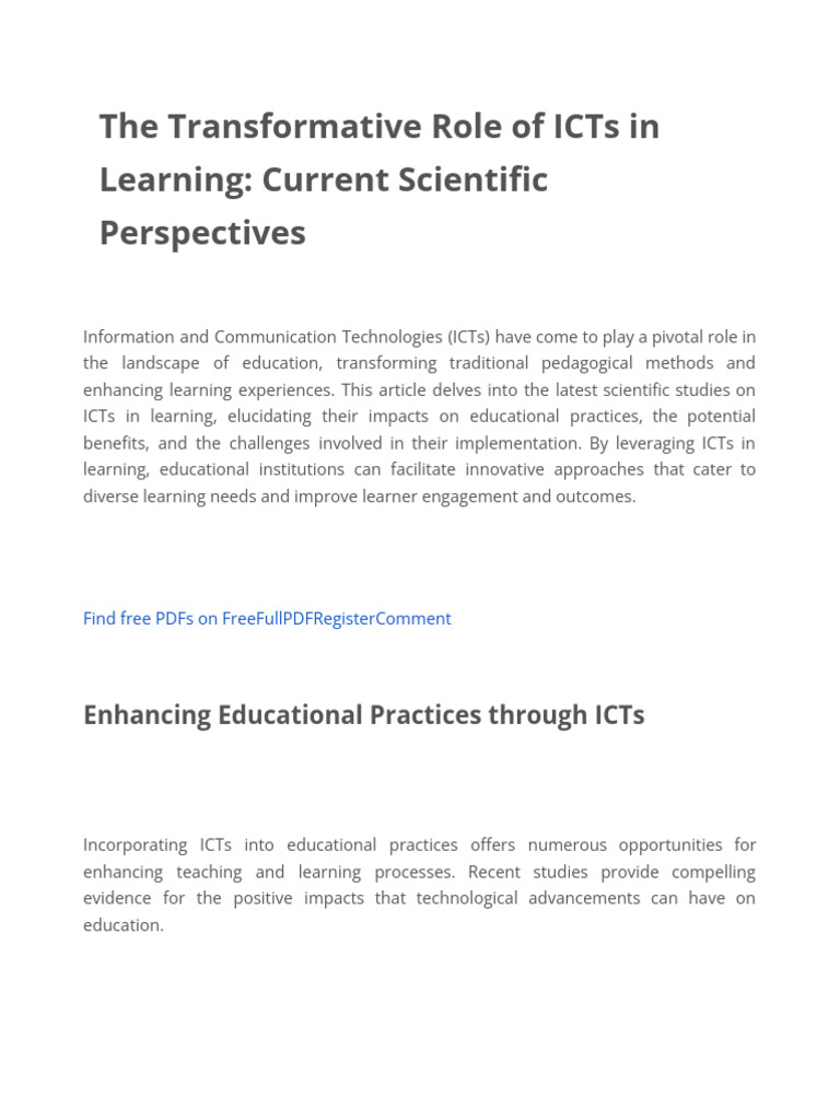 The Transformative Role of ICTs in Learning - Current Scientific ...