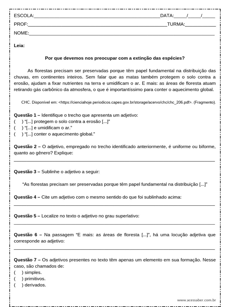 Atividade de Portugues Adjetivos 7o Ano Word | PDF