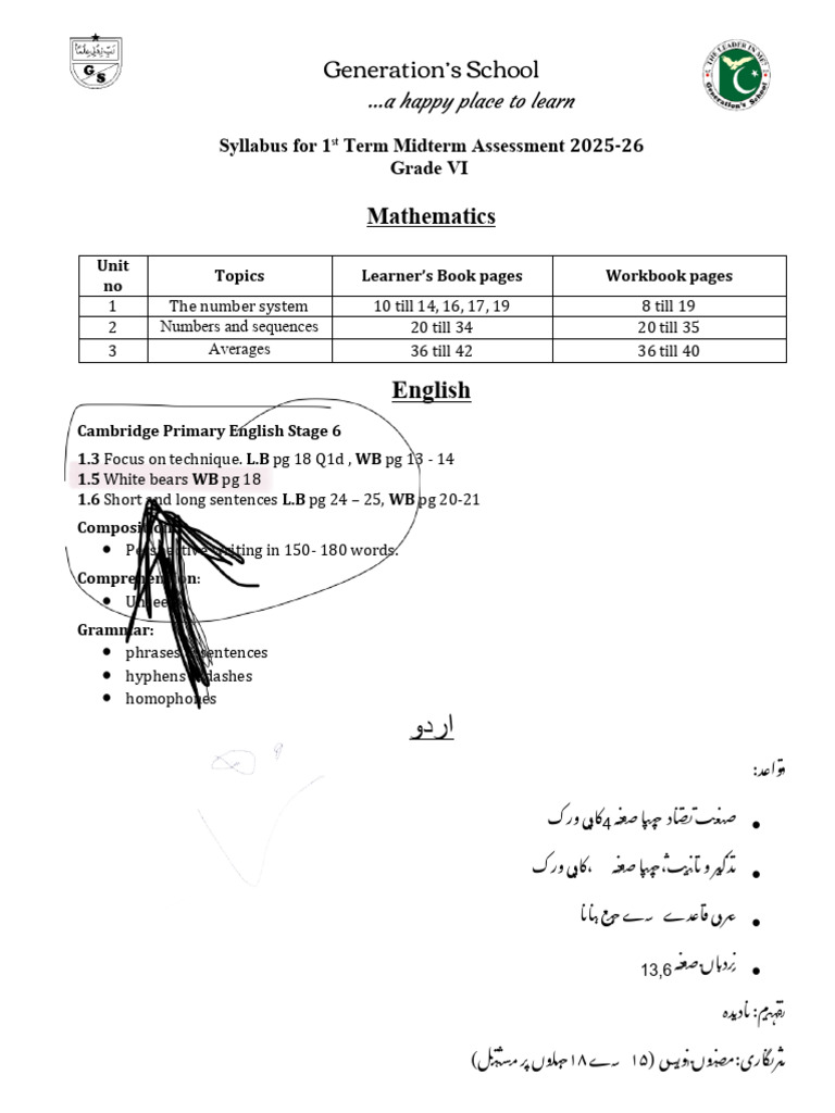 Grade VI Midterm Assessment Syllabus 2025-26 | PDF