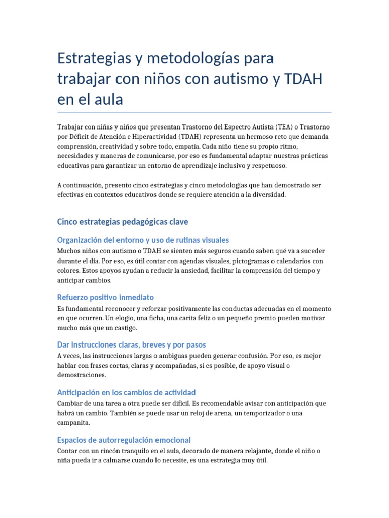Estrategias para enseñar a niños con TEA y TDAH | PDF | Aprendizaje ...
