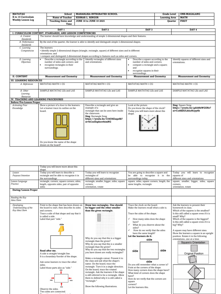 Grade 1 Math Weekly Lesson Plan | PDF | Rectangle | Shape