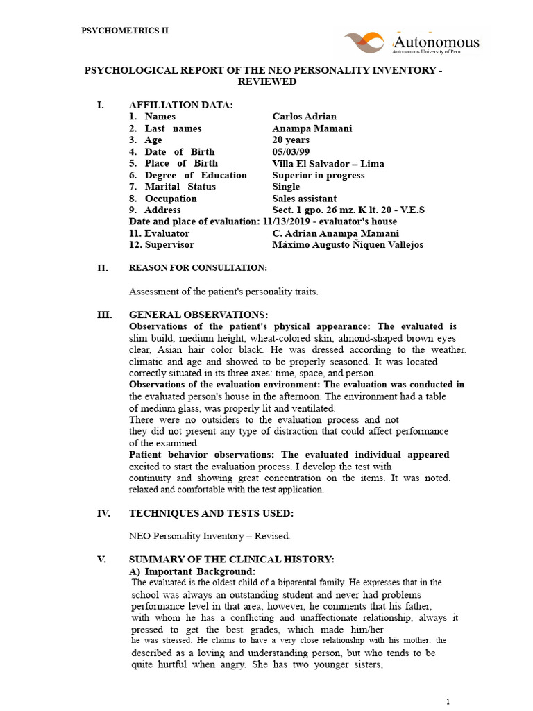 NEO PIR Psychological Report | PDF | Extraversion And Introversion ...