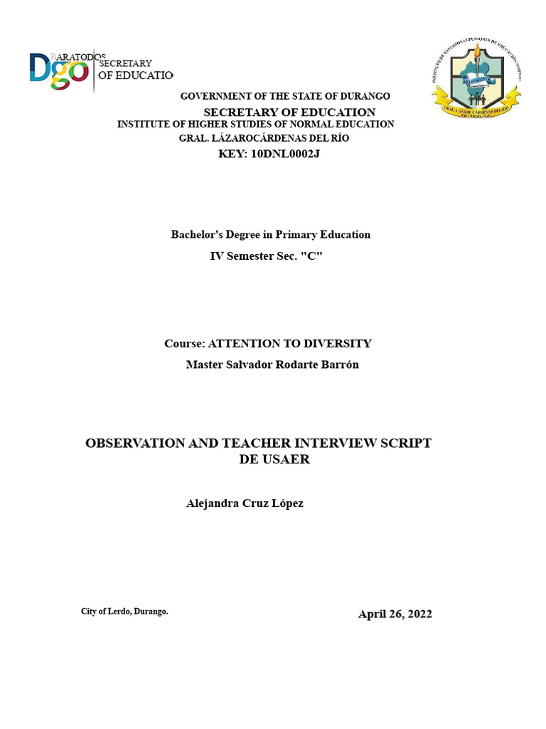Observation Script For Attention To Diversity | PDF | Teachers | Cognition