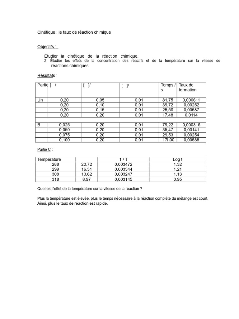 Cinétique des réactions chimiques : facteurs clés | PDF | Cinétique ...