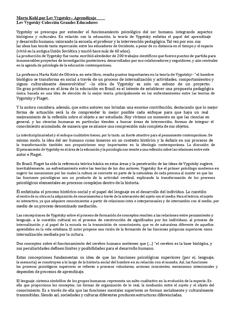 Teoría de Vygotsky en Educación y Psicología | PDF | Sicología ...
