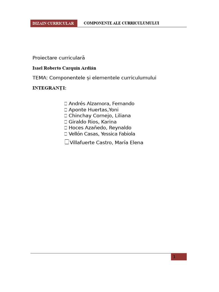 Componentele Și Elementele Curriculumului | PDF