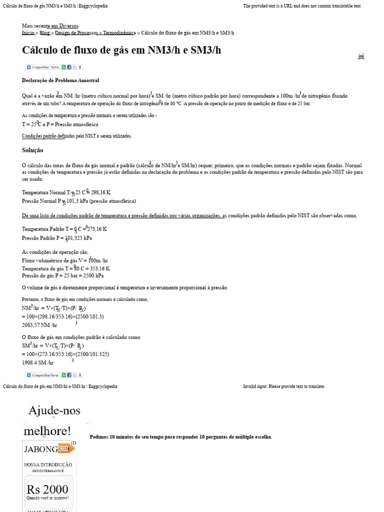 Cálculo de Fluxo de Gás NM3/h e SM3/h PDF Pressão Temperatura — free download
