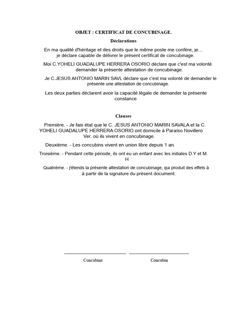 Certificat de Concubinage Officiel | PDF