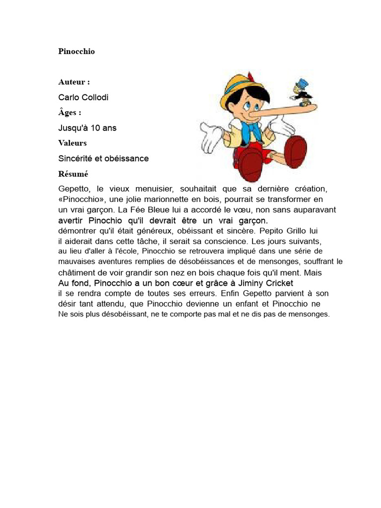 Pinocchio : Sincérité et Obéissance | PDF